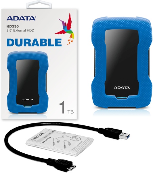 هارد اکسترنال ای دیتا مدل HD330 ظرفیت 1 ترابایت همراه با کابل USB 3.2 Gen1 عرضه می‌شود.